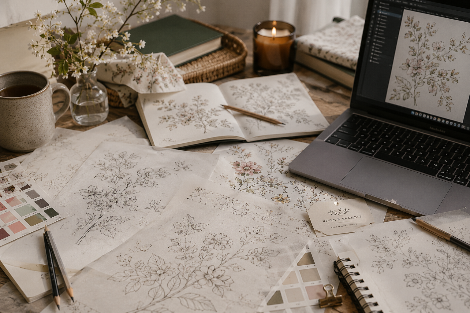 A quiet studio table of botanical illustrations, colour swatches and finished designs